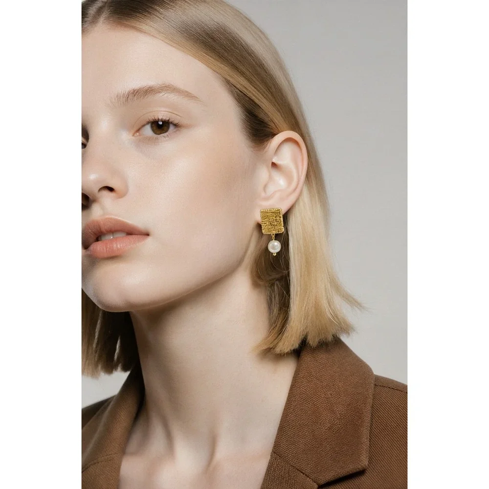 Accent Gold Textured Square Dangle‎ Drop Earrings Freshwater Pearl Jewelry